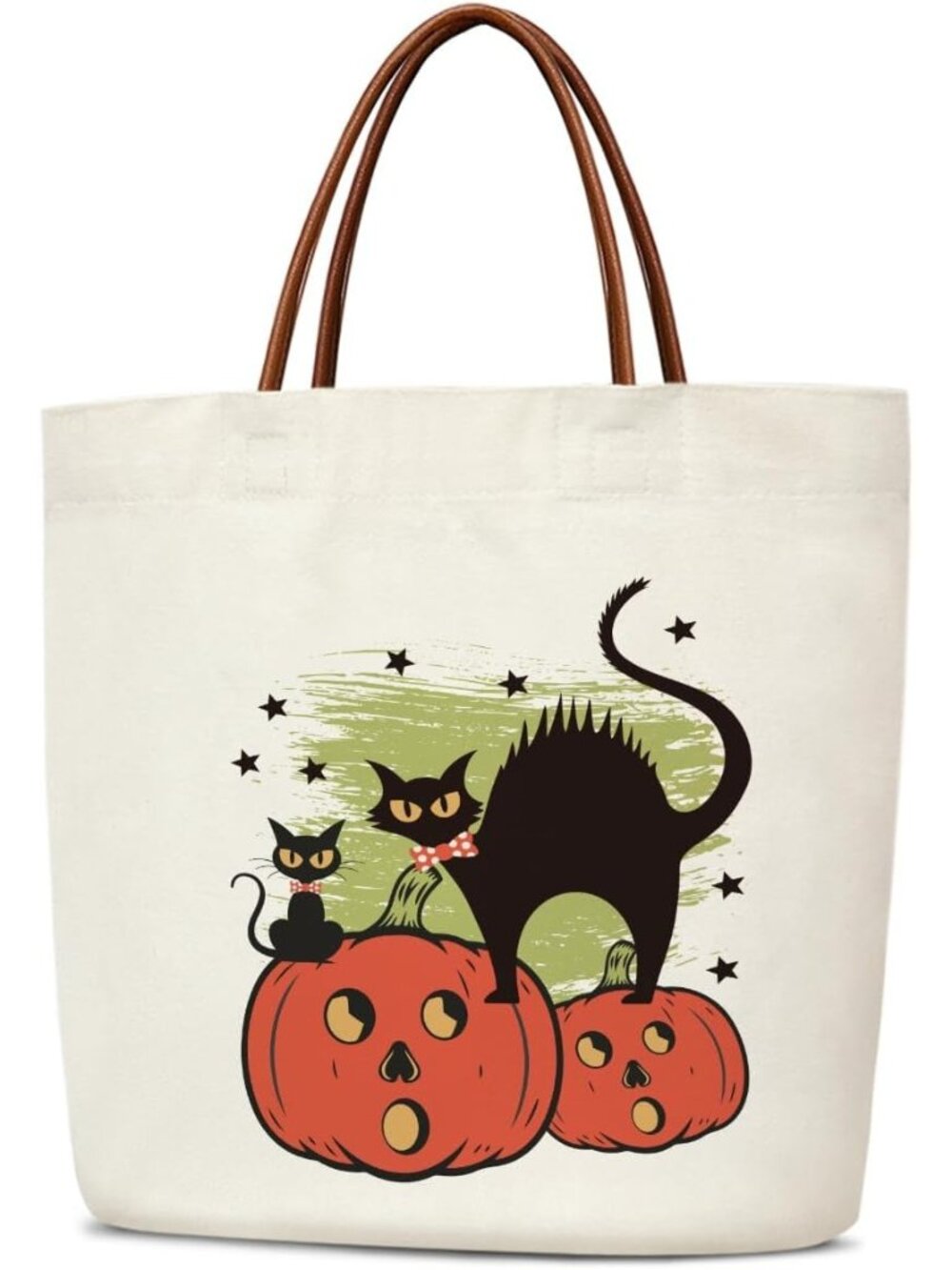 〽️Women Cream Black Cat Halloween Reusable Leather Handles Grocery Tote Gift Bag